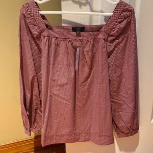 JCrew 3/4 sleeve top. Red/white check, 100% cotton Ruched neck, shoulders